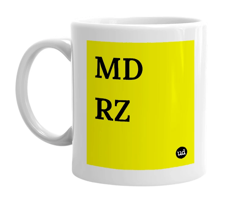 White mug with 'MD RZ' in bold black letters