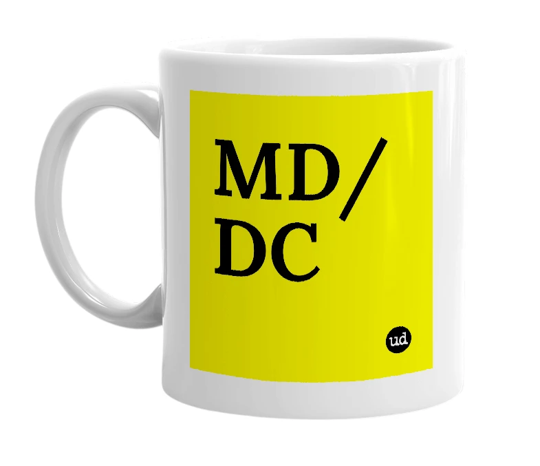 White mug with 'MD/DC' in bold black letters