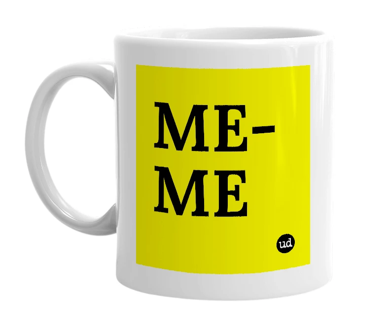 White mug with 'ME-ME' in bold black letters