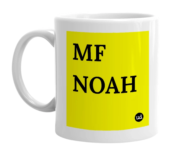 White mug with 'MF NOAH' in bold black letters