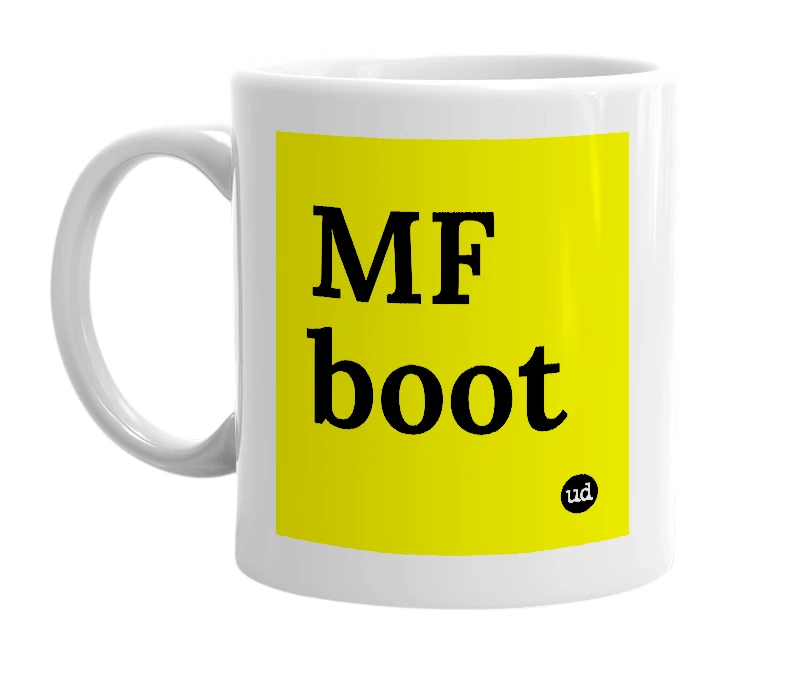 White mug with 'MF boot' in bold black letters