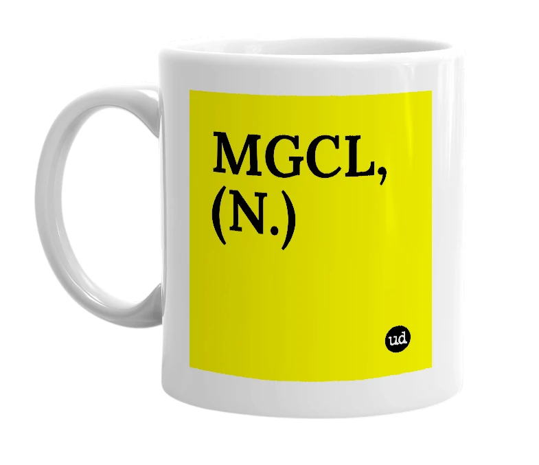 White mug with 'MGCL, (N.)' in bold black letters