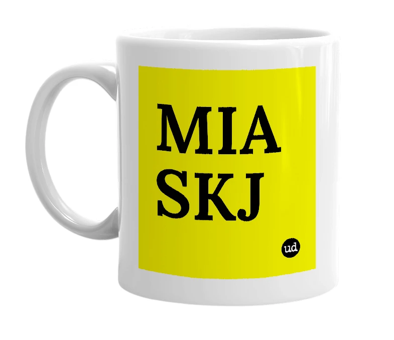 White mug with 'MIA SKJ' in bold black letters