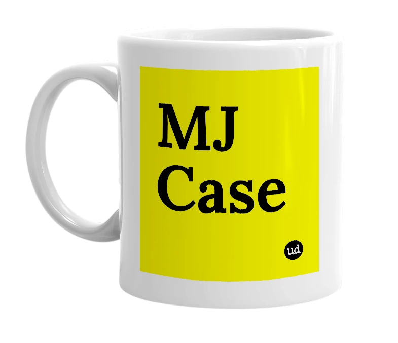 White mug with 'MJ Case' in bold black letters