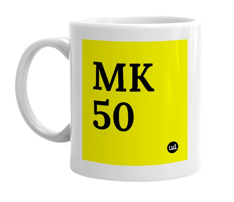 White mug with 'MK 50' in bold black letters