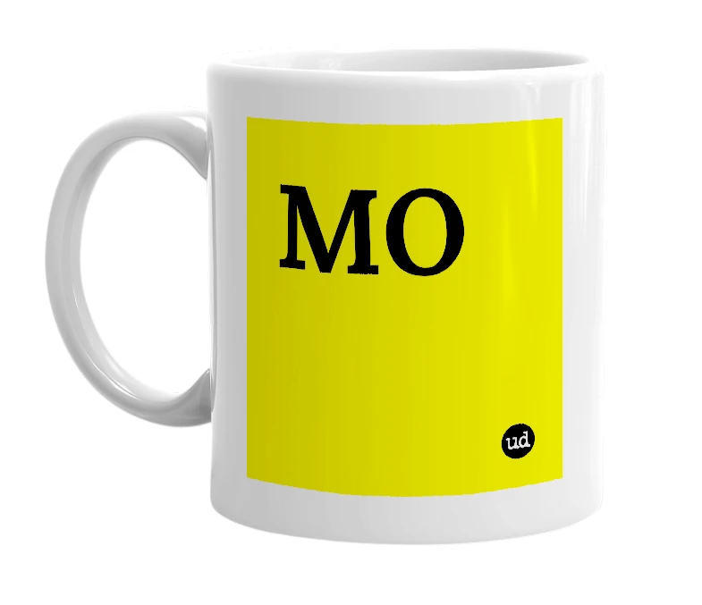 White mug with 'MO' in bold black letters