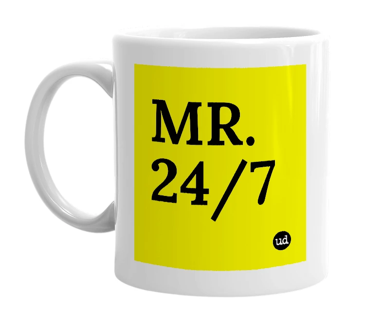White mug with 'MR.24/7' in bold black letters