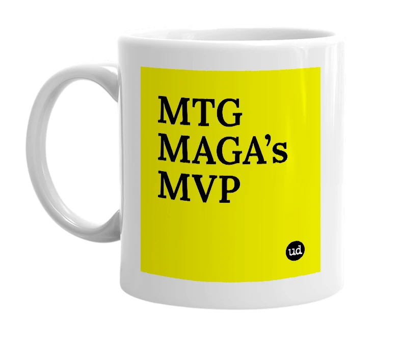 White mug with 'MTG MAGA’s MVP' in bold black letters