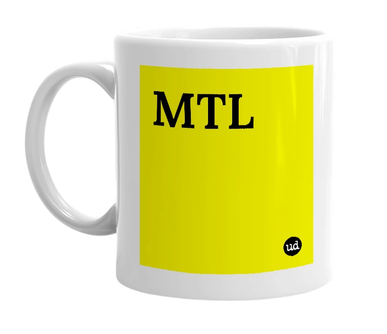 White mug with 'MTL' in bold black letters