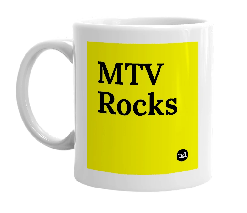 White mug with 'MTV Rocks' in bold black letters