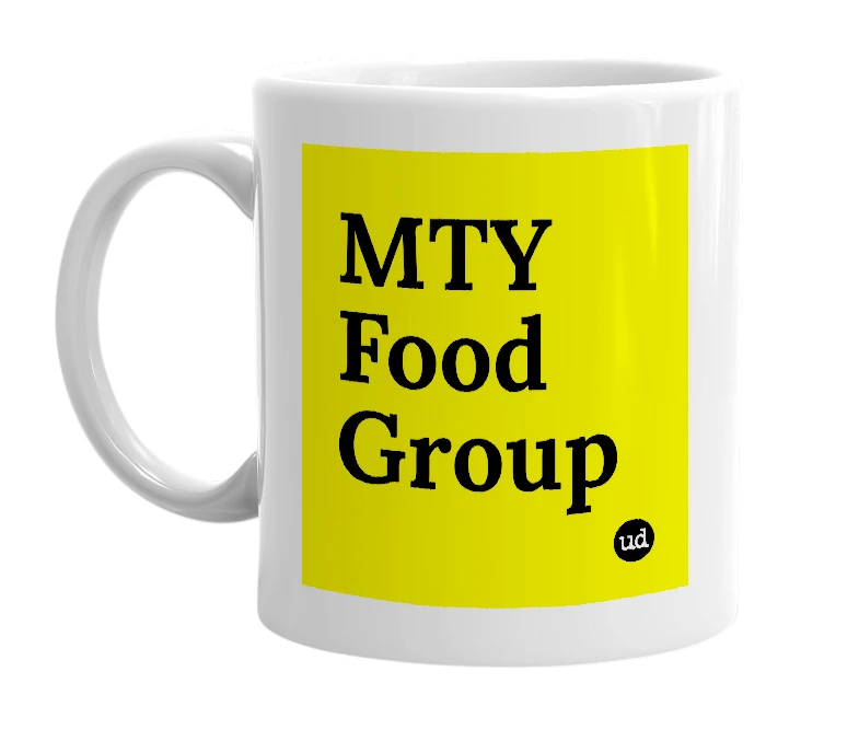 White mug with 'MTY Food Group' in bold black letters