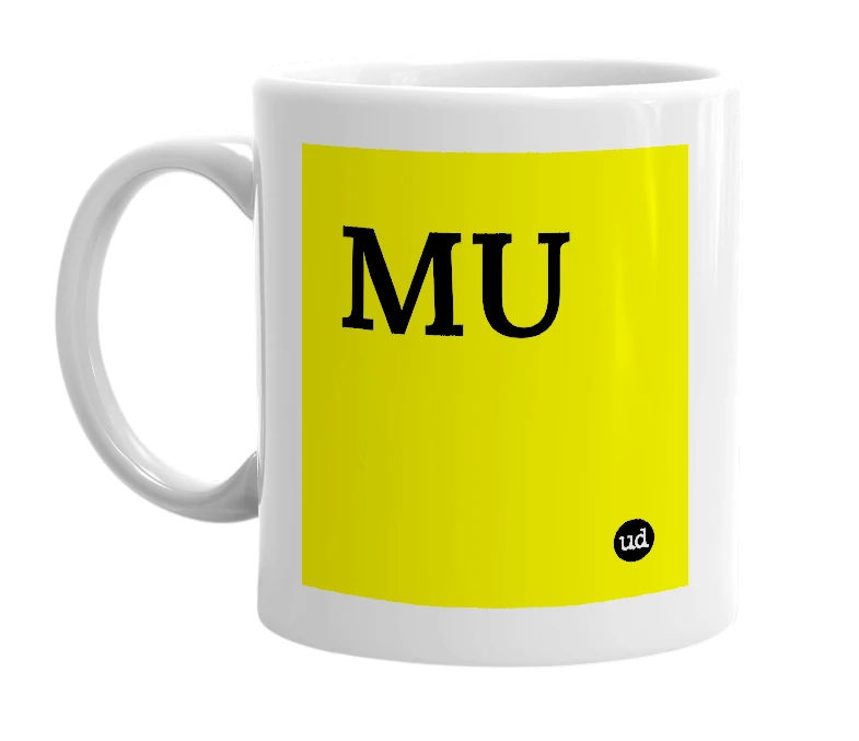 White mug with 'MU' in bold black letters