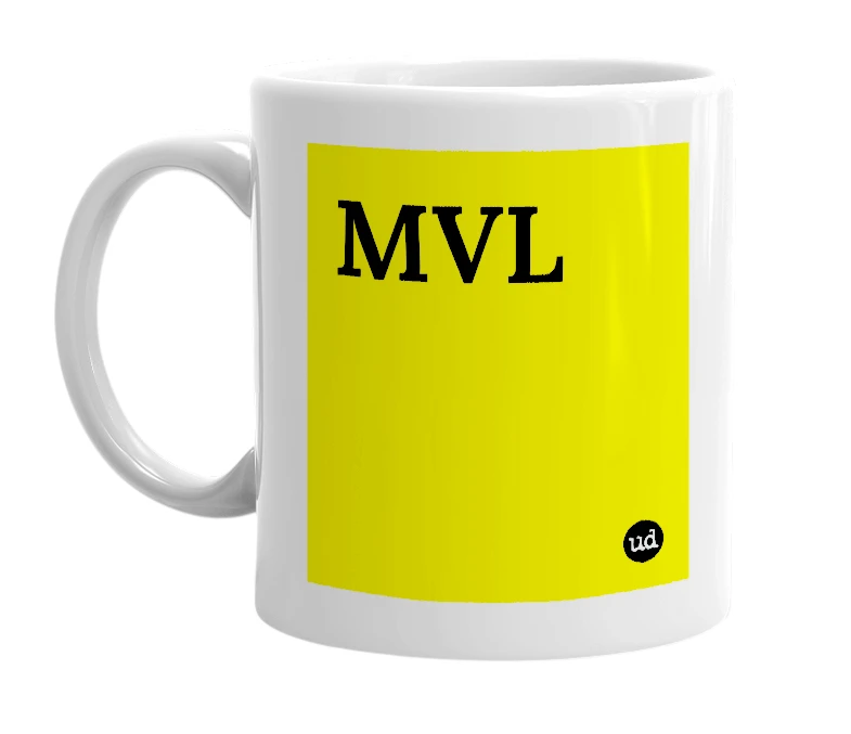 White mug with 'MVL' in bold black letters