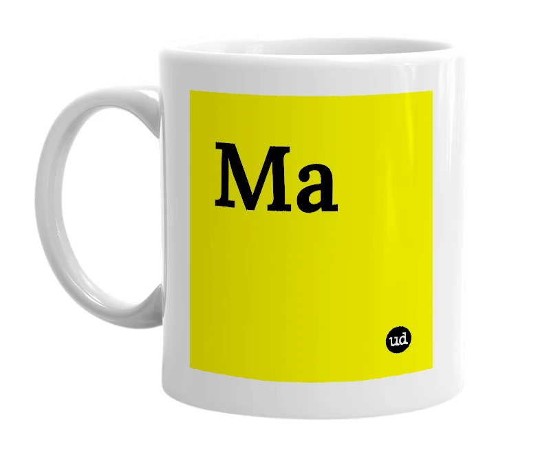 White mug with 'Ma' in bold black letters