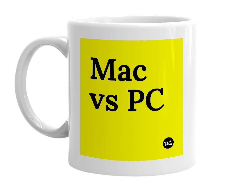 White mug with 'Mac vs PC' in bold black letters