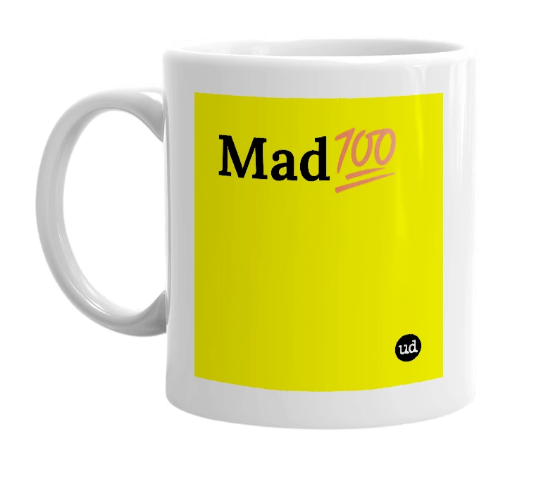 White mug with 'Mad💯' in bold black letters