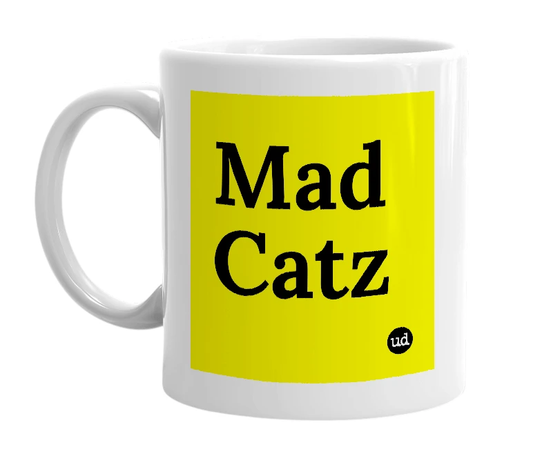 White mug with 'Mad Catz' in bold black letters