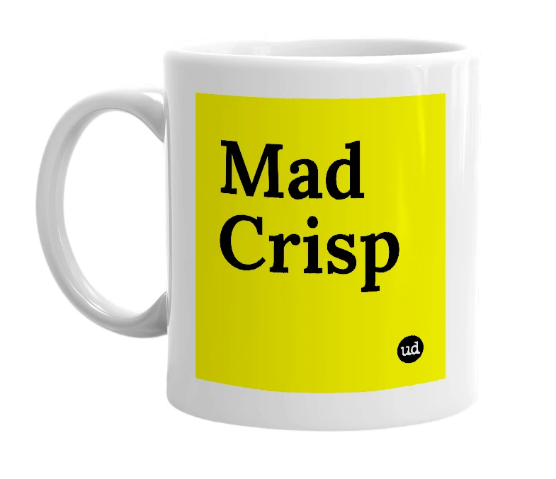 White mug with 'Mad Crisp' in bold black letters