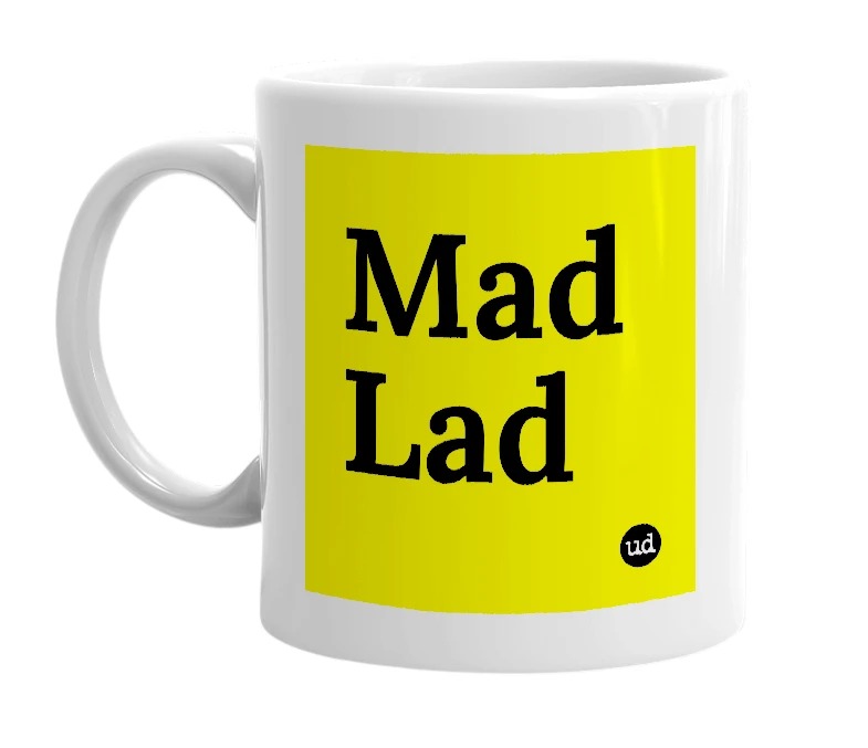 White mug with 'Mad Lad' in bold black letters