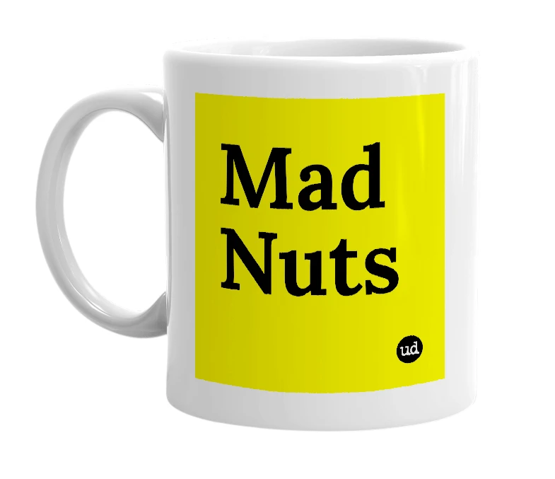 White mug with 'Mad Nuts' in bold black letters