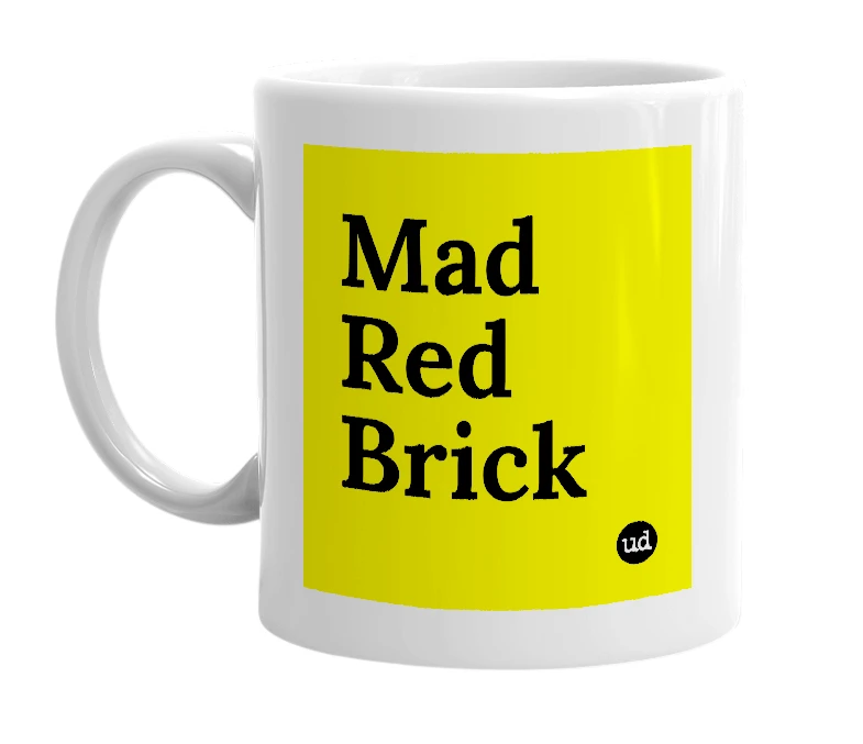 White mug with 'Mad Red Brick' in bold black letters