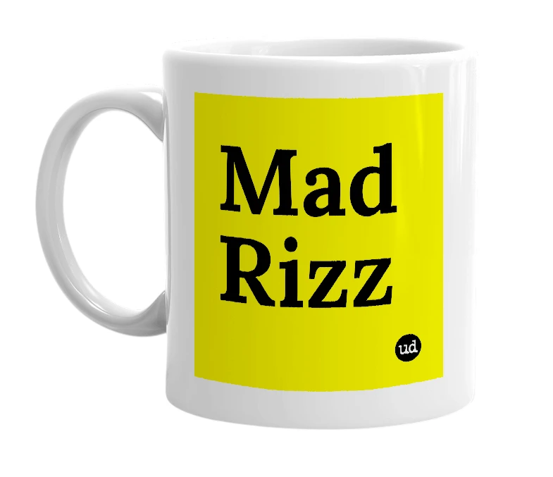 White mug with 'Mad Rizz' in bold black letters