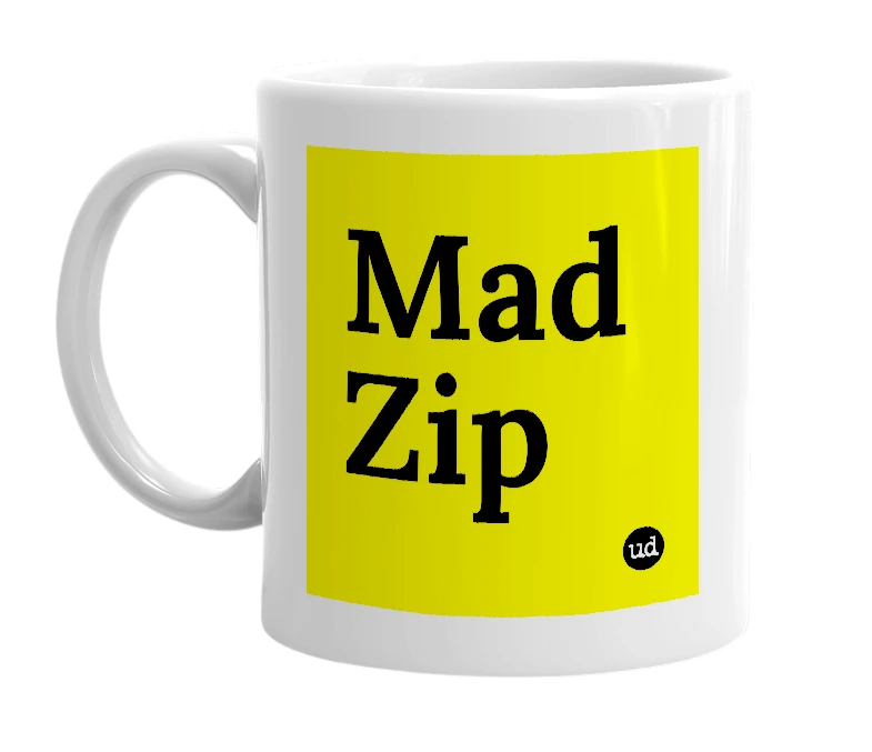 White mug with 'Mad Zip' in bold black letters