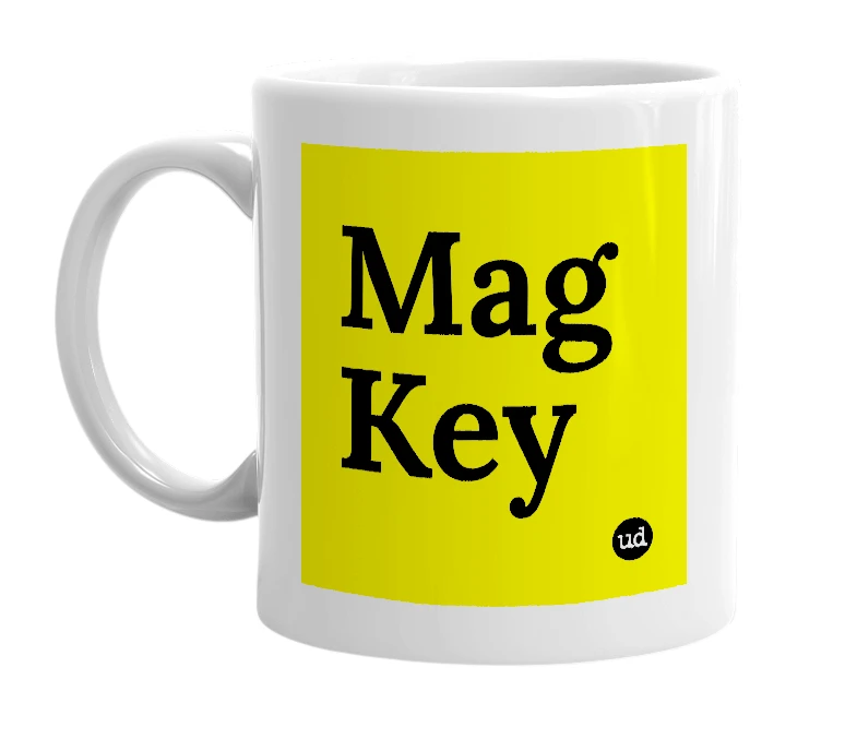 White mug with 'Mag Key' in bold black letters