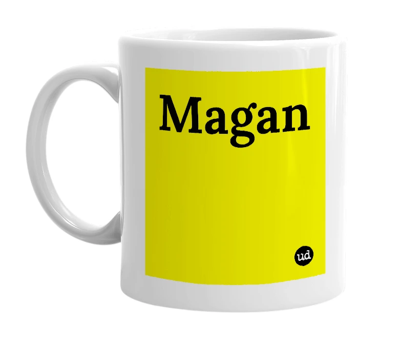 White mug with 'Magan' in bold black letters