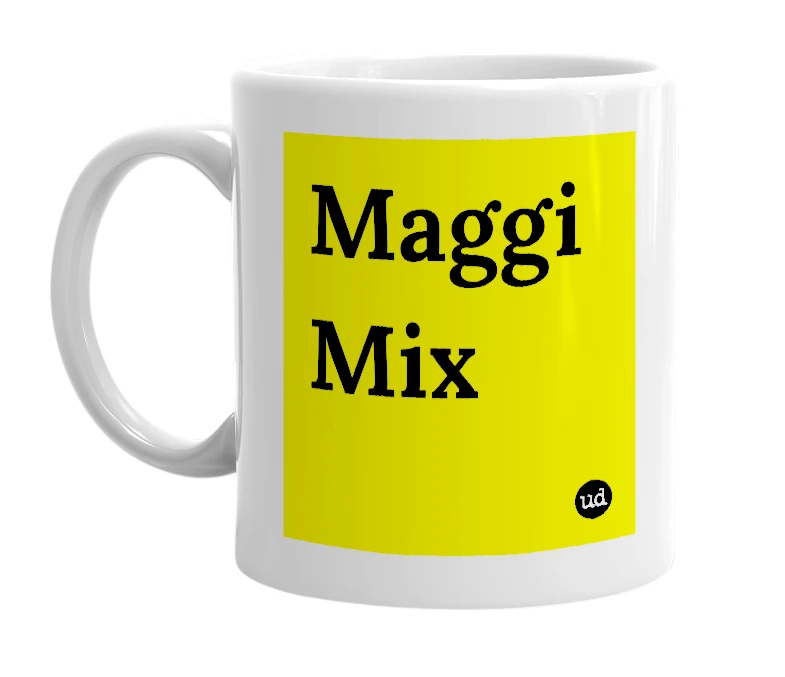 White mug with 'Maggi Mix' in bold black letters