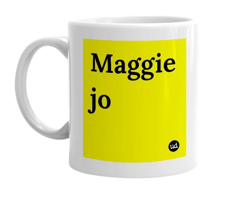 White mug with 'Maggie jo' in bold black letters