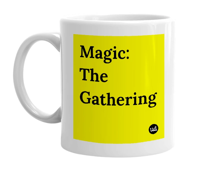 White mug with 'Magic: The Gathering' in bold black letters