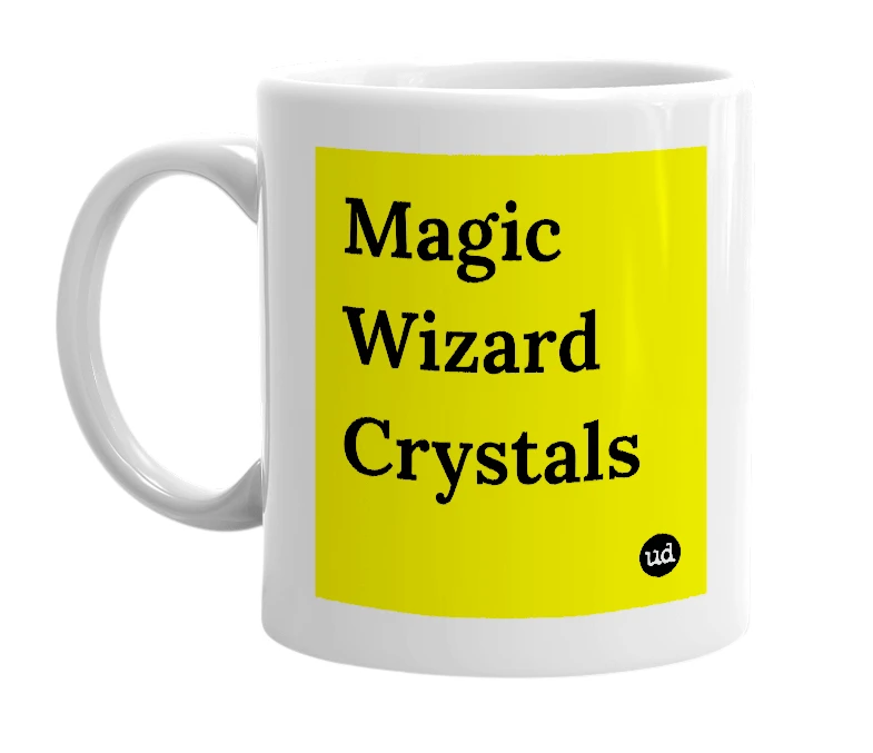 White mug with 'Magic Wizard Crystals' in bold black letters