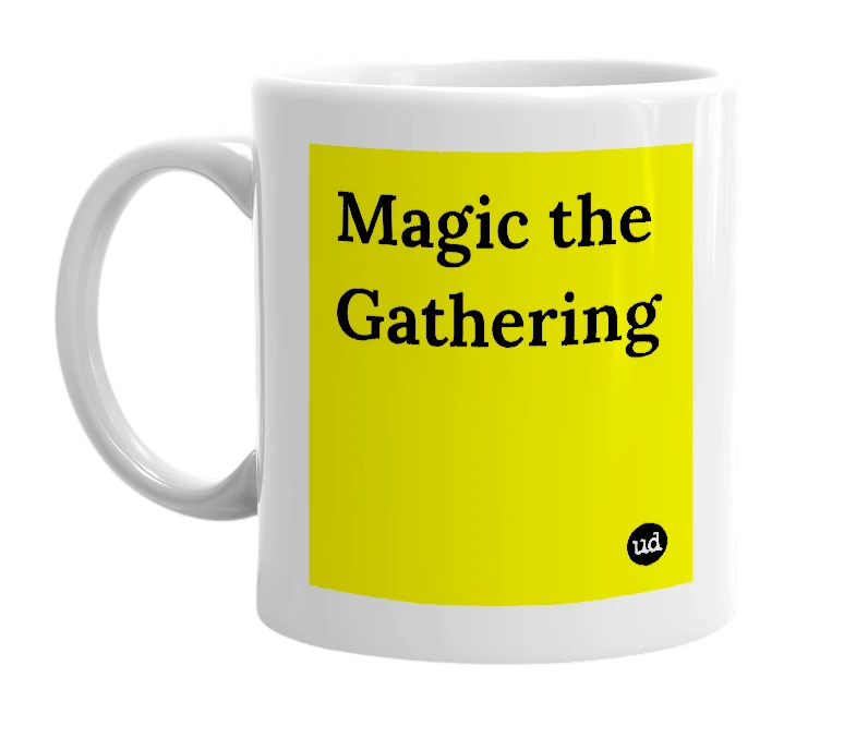 White mug with 'Magic the Gathering' in bold black letters