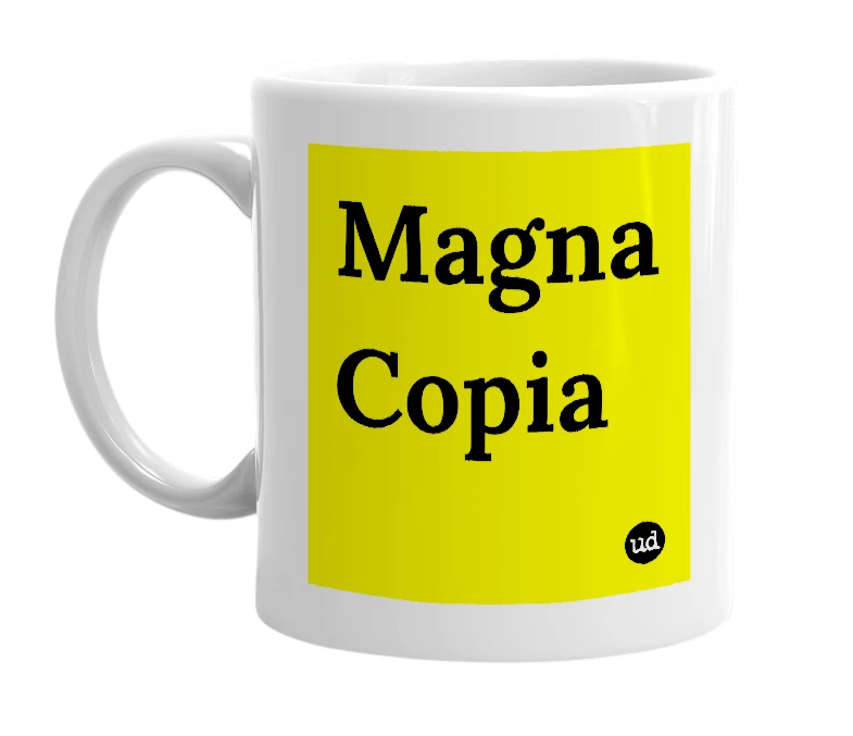 White mug with 'Magna Copia' in bold black letters