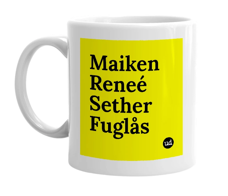White mug with 'Maiken Reneé Sether Fuglås' in bold black letters