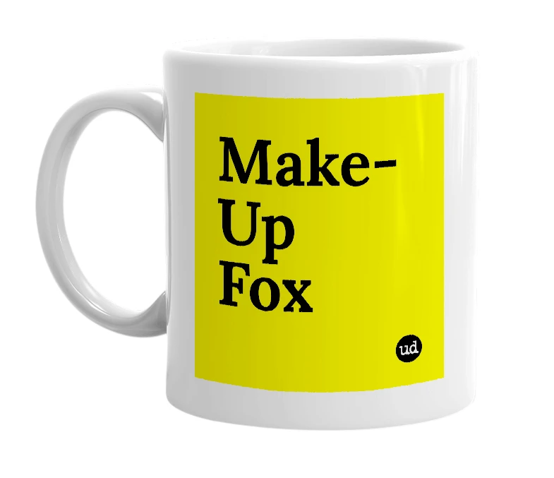 White mug with 'Make-Up Fox' in bold black letters