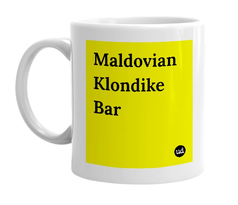 White mug with 'Maldovian Klondike Bar' in bold black letters