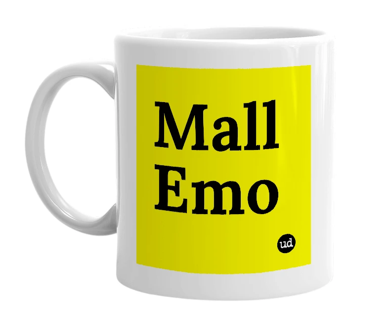 White mug with 'Mall Emo' in bold black letters
