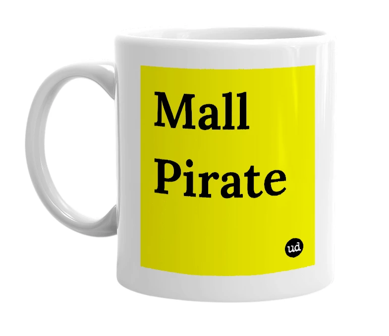 White mug with 'Mall Pirate' in bold black letters