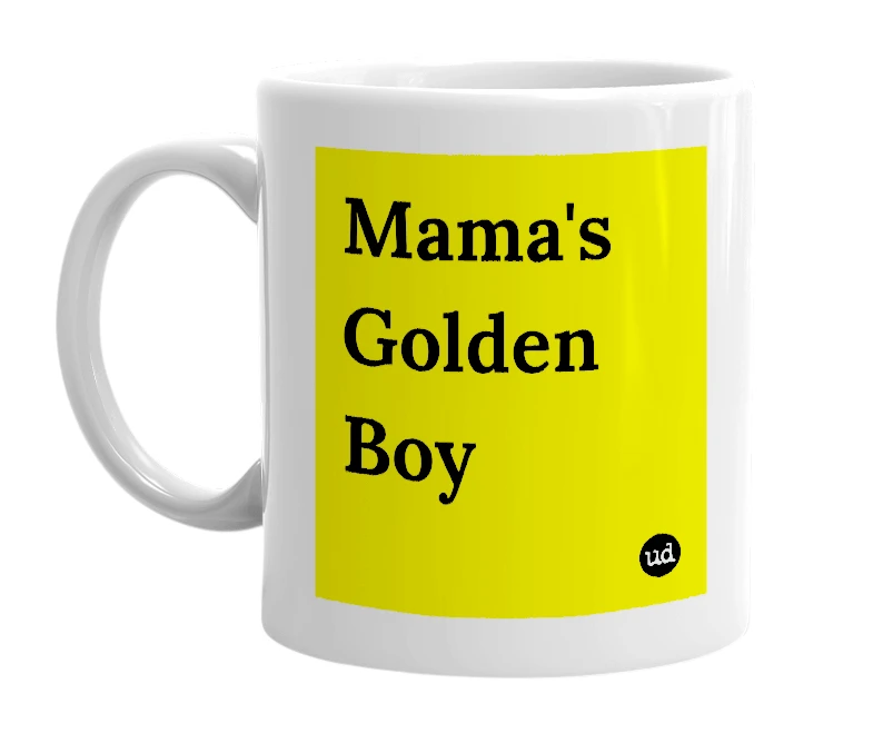White mug with 'Mama's Golden Boy' in bold black letters