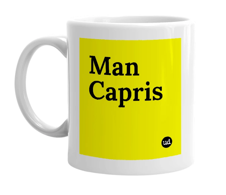 White mug with 'Man Capris' in bold black letters