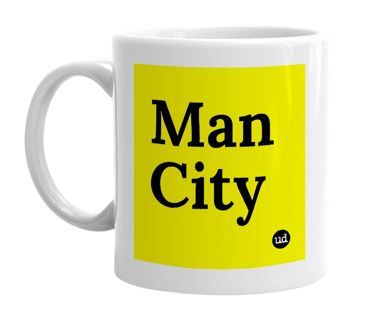 White mug with 'Man City' in bold black letters