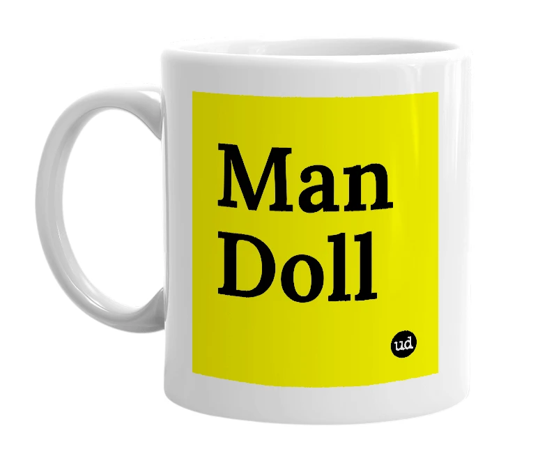 White mug with 'Man Doll' in bold black letters