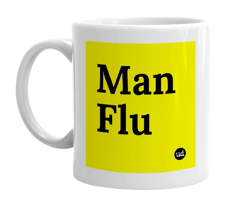 White mug with 'Man Flu' in bold black letters