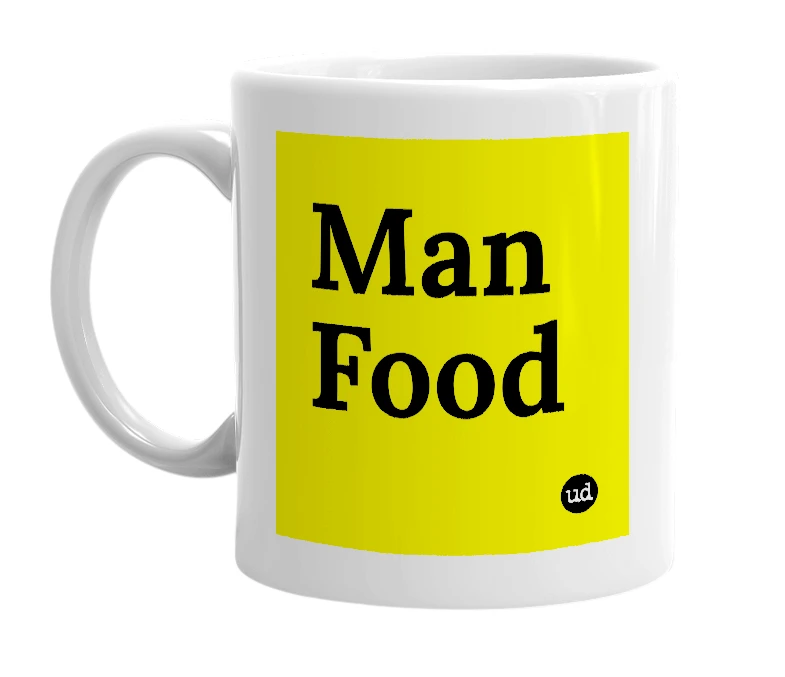 White mug with 'Man Food' in bold black letters