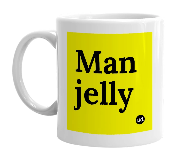 White mug with 'Man jelly' in bold black letters