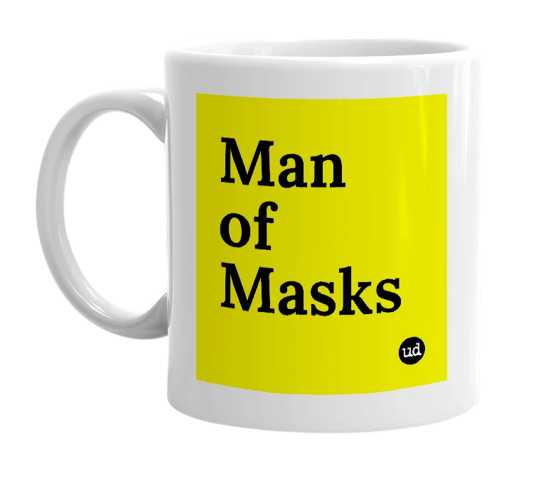 White mug with 'Man of Masks' in bold black letters