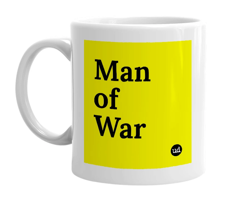 White mug with 'Man of War' in bold black letters