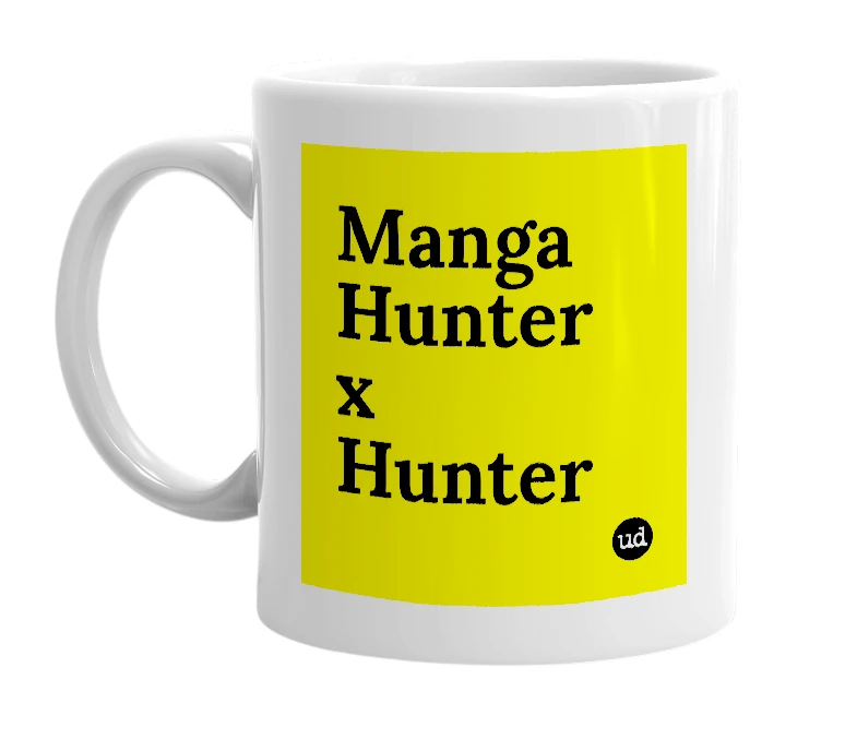 White mug with 'Manga Hunter x Hunter' in bold black letters